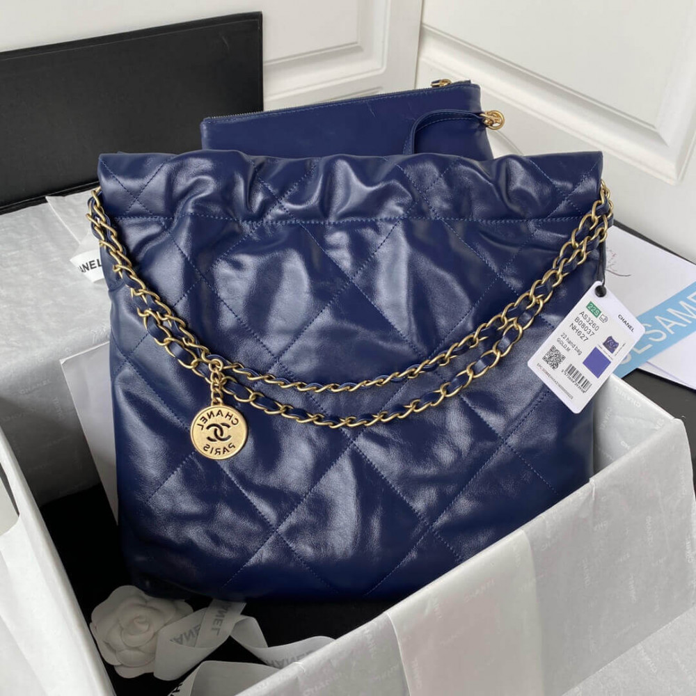 Chanel 22 Small Handbag Shiny Calfskin Blue Gold