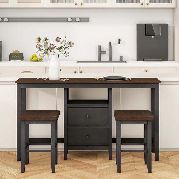 3piece Counter Height Wood Dining Table Set With Cabinet,2 Storage Drawers And 2 Stools