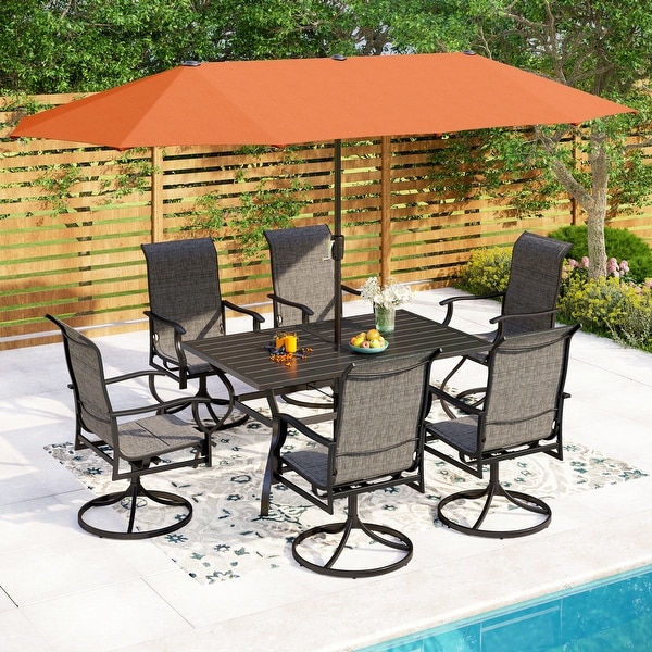 MAISON ARTS 7/8 Pieces Patio Dining Set,Rectangular Black Metal Table with 6 Padded Textilene Fabric Swivel Chairs