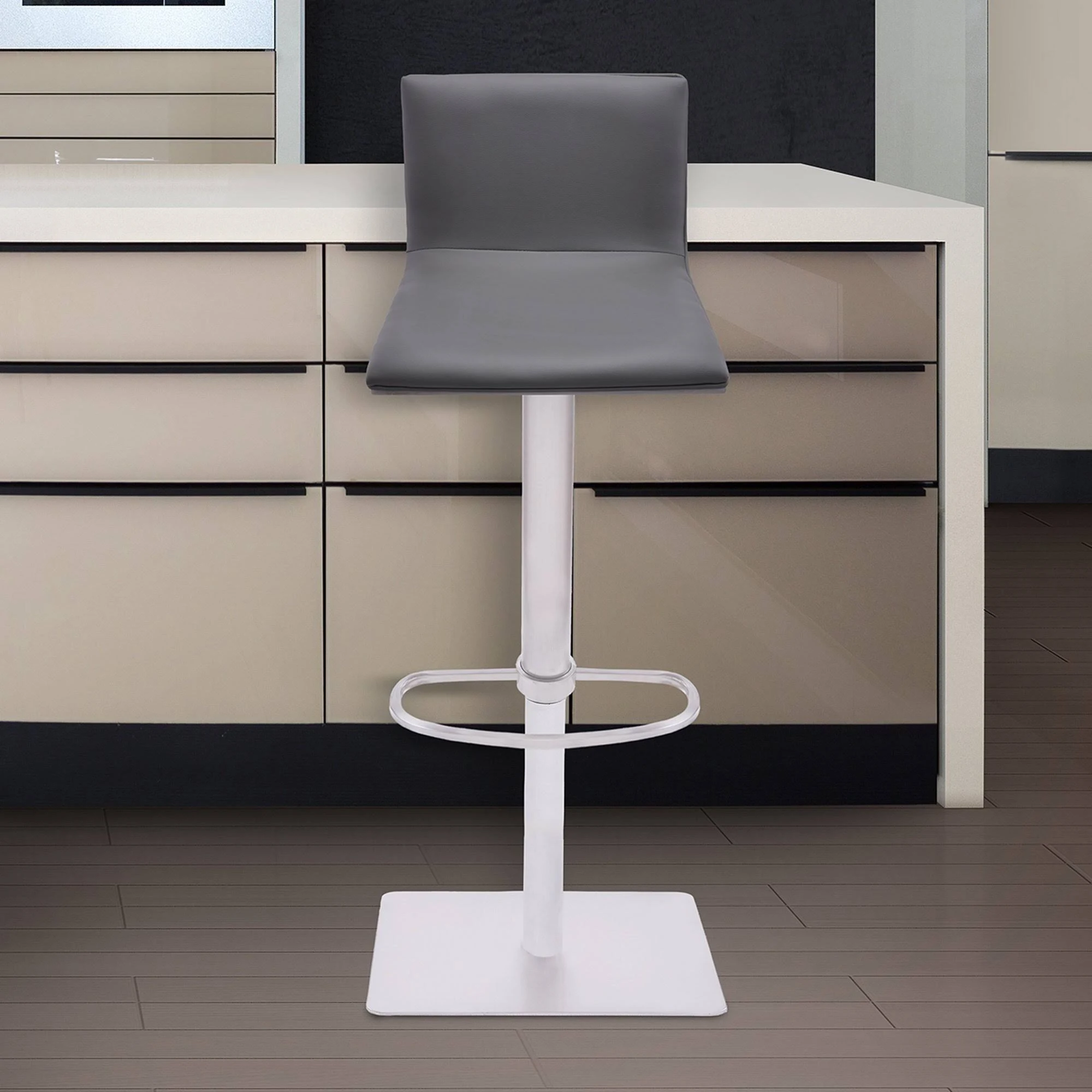 Armen Living Crystal Barstool in Brushed Stainless Steel Finish with Grey Faux Leather and Walnut Back