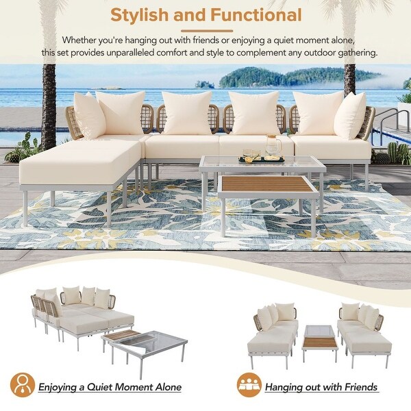 8Piece Patio Sectional Sofa Set with Tempered Glass Coffee Table and Wooden Coffee Table