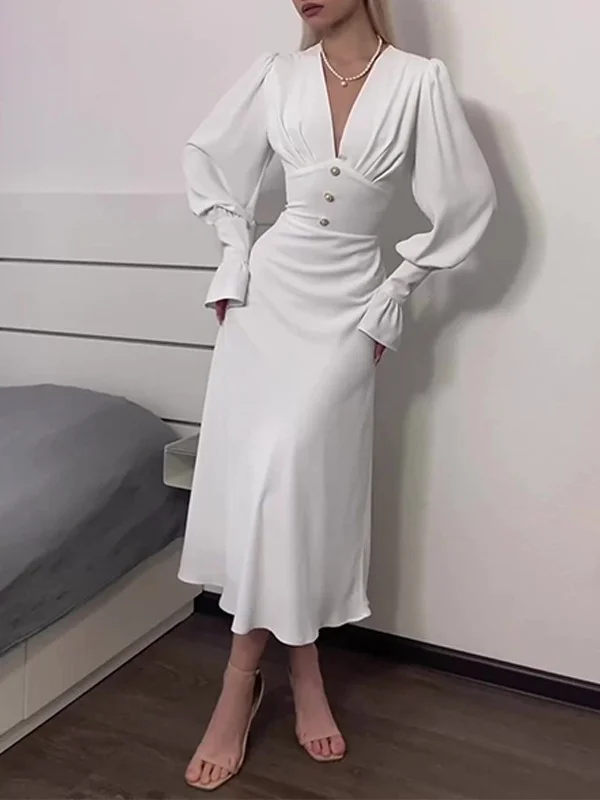 V-Neck Ruched Crepe Fit & Flare DressClistos