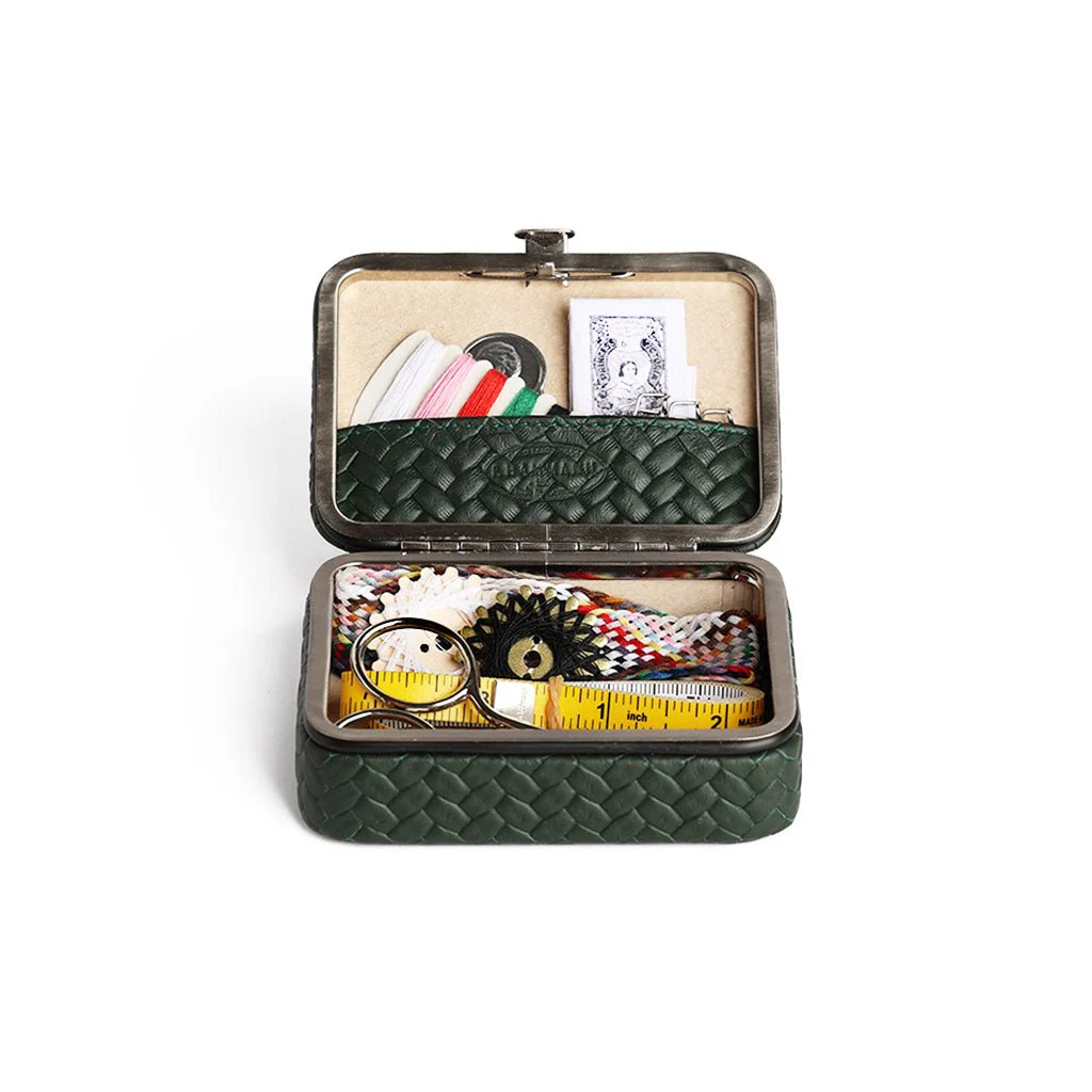 Green Leather Framed Sewing Set