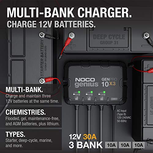 NOCO Genius GENPRO10X3: 3-Bank, 30A Onboard Battery Charger - 10A Per Bank, 12V Waterproof Marine Charger with Overcharge Protection & Temperature Compensation – for Lead-Acid & Lithium Batteries