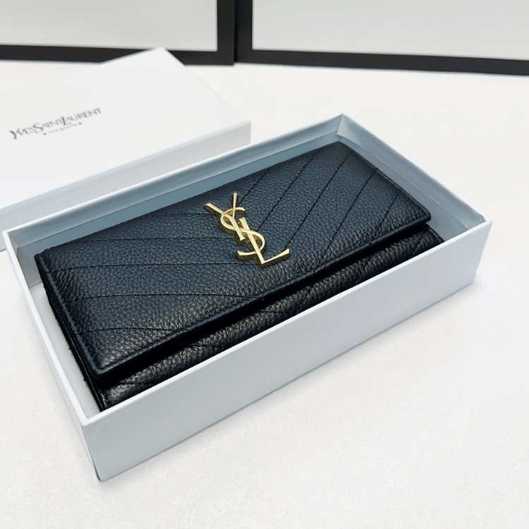 Saint Laurent Envelope Long Wallet Black Grain De Poudre 7.5 Inches