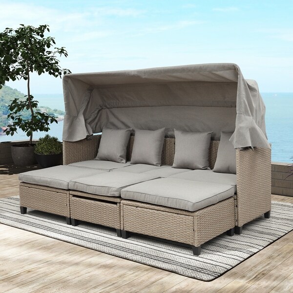 UVProof 4Piece Resin Wicker Patio Sofa Set Daybed Sunbed with Retractable Canopy and Adjustable Table