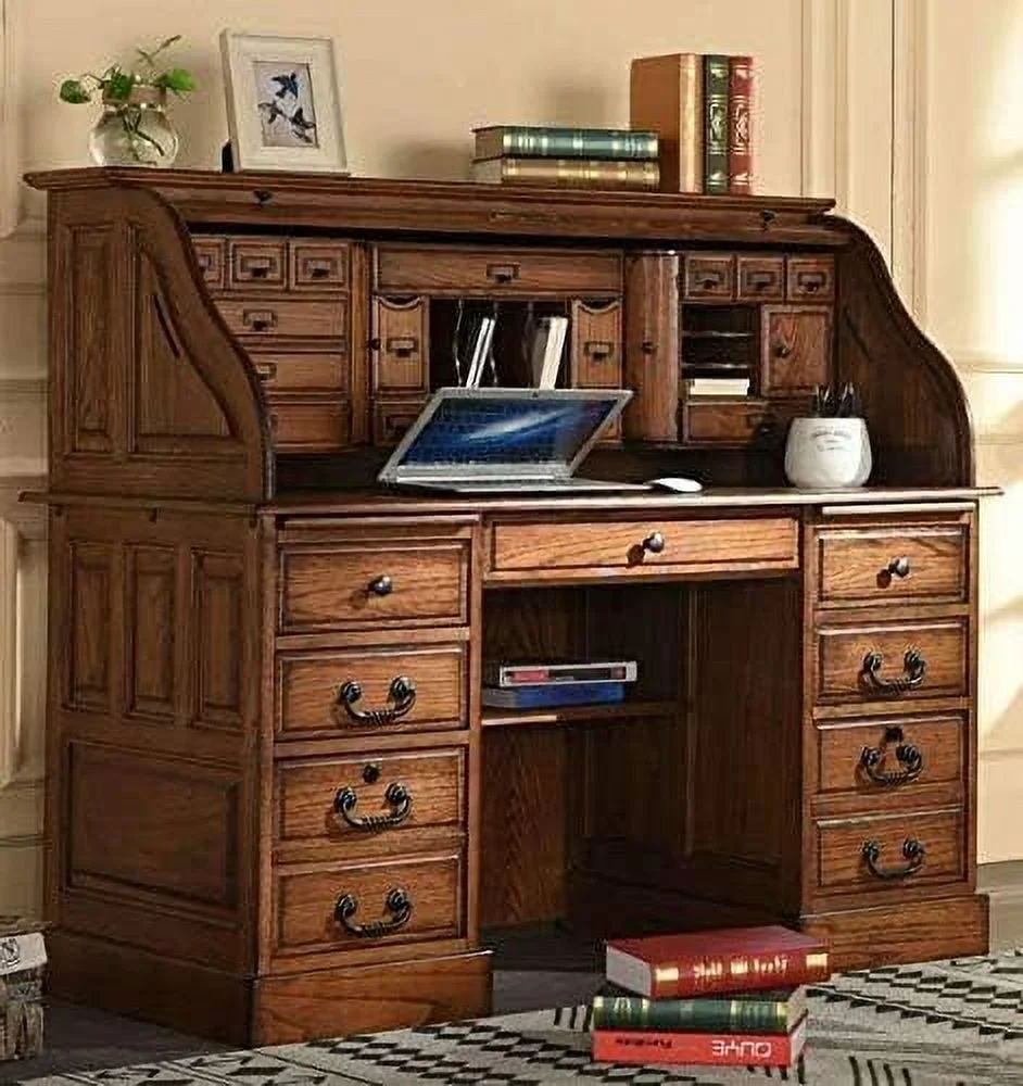 sell well Top Desk Solid Oak Wood - 54 Inch Deluxe Executive Rolltop Desk Burnished Walnut Stain for Home Office Secretary Organizer Roll Hutch Top Easy Assembly Quality Crafted Construct