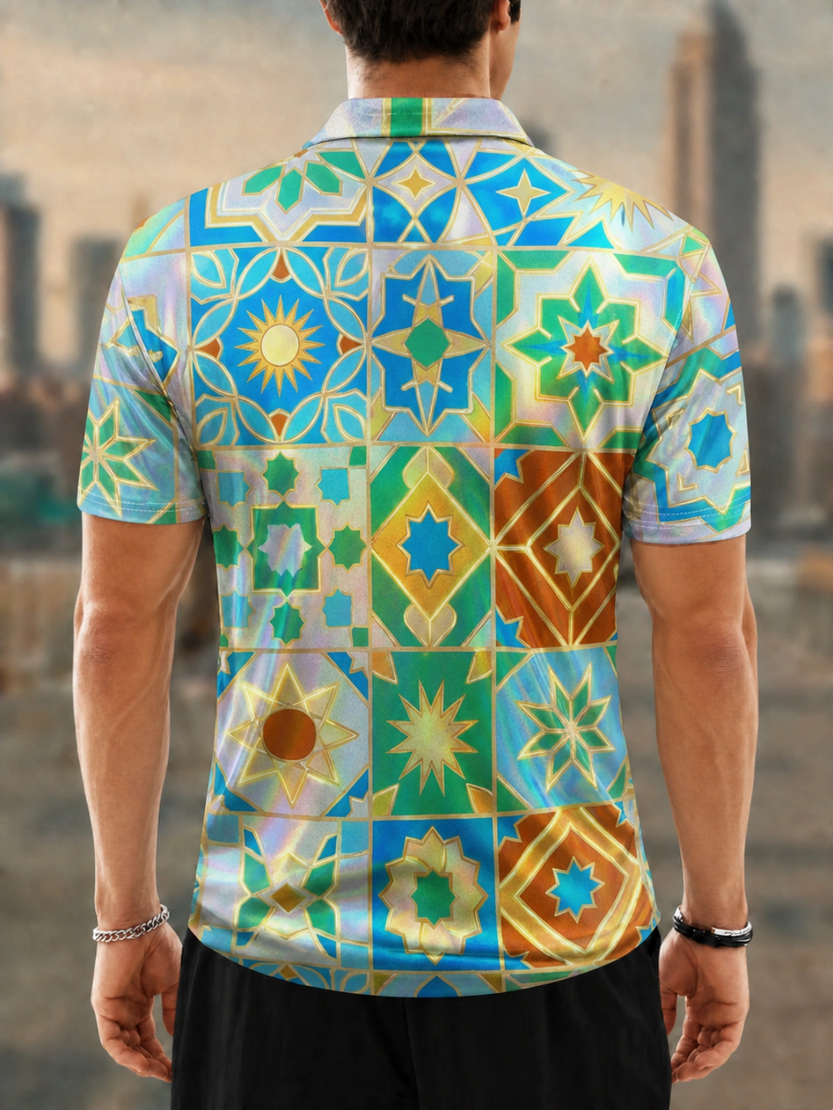 Moisture Wicking Golf Polo 3D Moroccan Tile Star Mosaic Button Short Sleeve Golf Polo Shirt