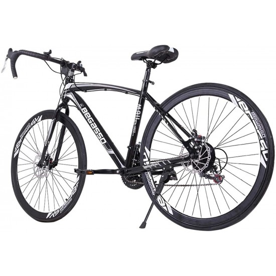 Aluminum Road Bike, 21 Speed Disc Brakes Aluminum Frame Road Bicycles Full Suspension Road Bike, 700c Dual Disk Brake Quick Release Racing Bicycles (White/Black)