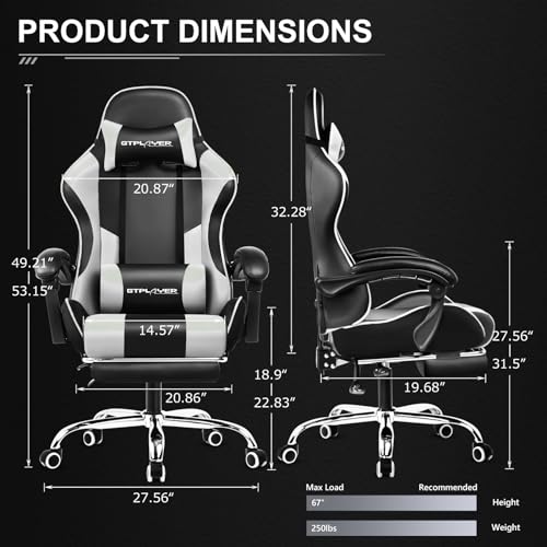 GTPLAYER Gaming Chair, Computer Chair with Footrest and Lumbar Support, Height Adjustable Game Chair with 360°-Swivel Seat and Headrest and for Office or Gaming (Faux Leather, Blue)