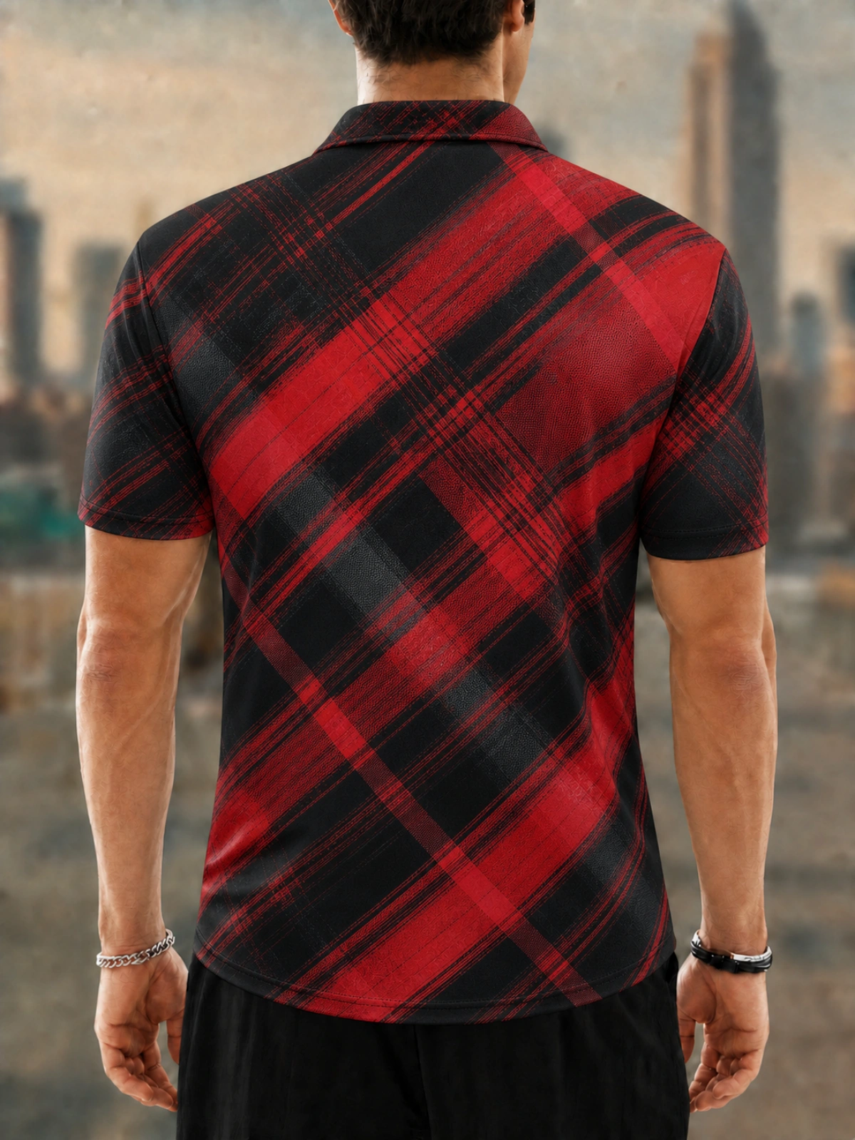 Men's Red Black Tartan Printed Golf Polo Shirt