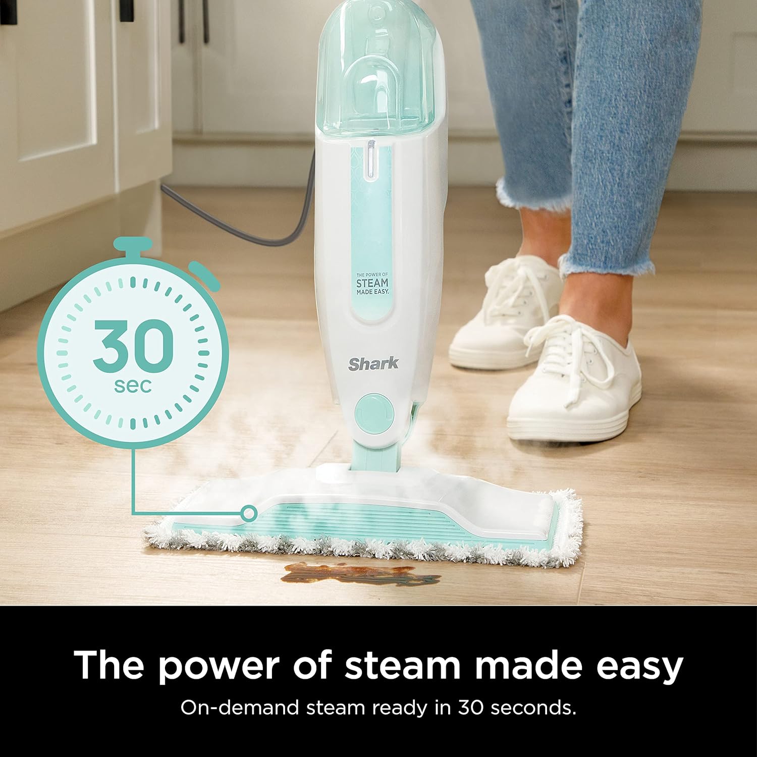 S1000 Steam mop with 2 catch pads, light weight, safe, machine washable, removable tank, white/Seafoam