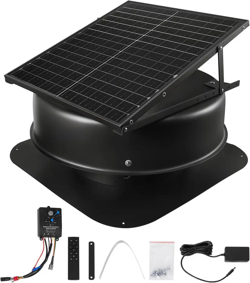 Solar-Powered Roof Attic Exhaust Fan – 50W Intelligent Ventilation System with Thermostat, Remote, 3000 CFM Output, and Safety Auto-Shutoff