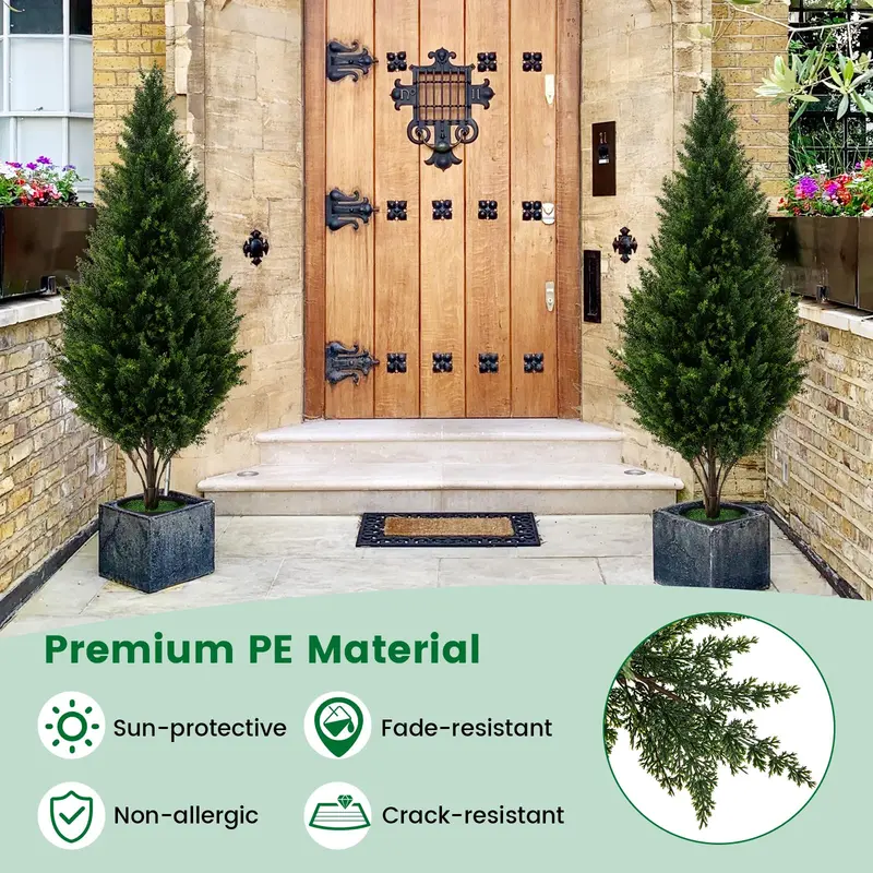 Set of Two 4-Foot Artificial Cedar Topiaries — Weather-Resistant Outdoor Potted Shrubs
