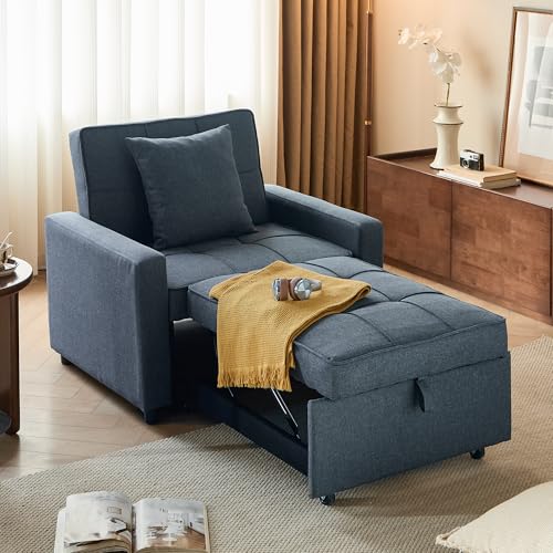 Sofa Bed Chair Convertible ，Sleeper Sofa with Pull-Out Bed ，3-in-1 Futon Couch with Reclining Backrest and Side Pocket (Blue, 35.6‘)