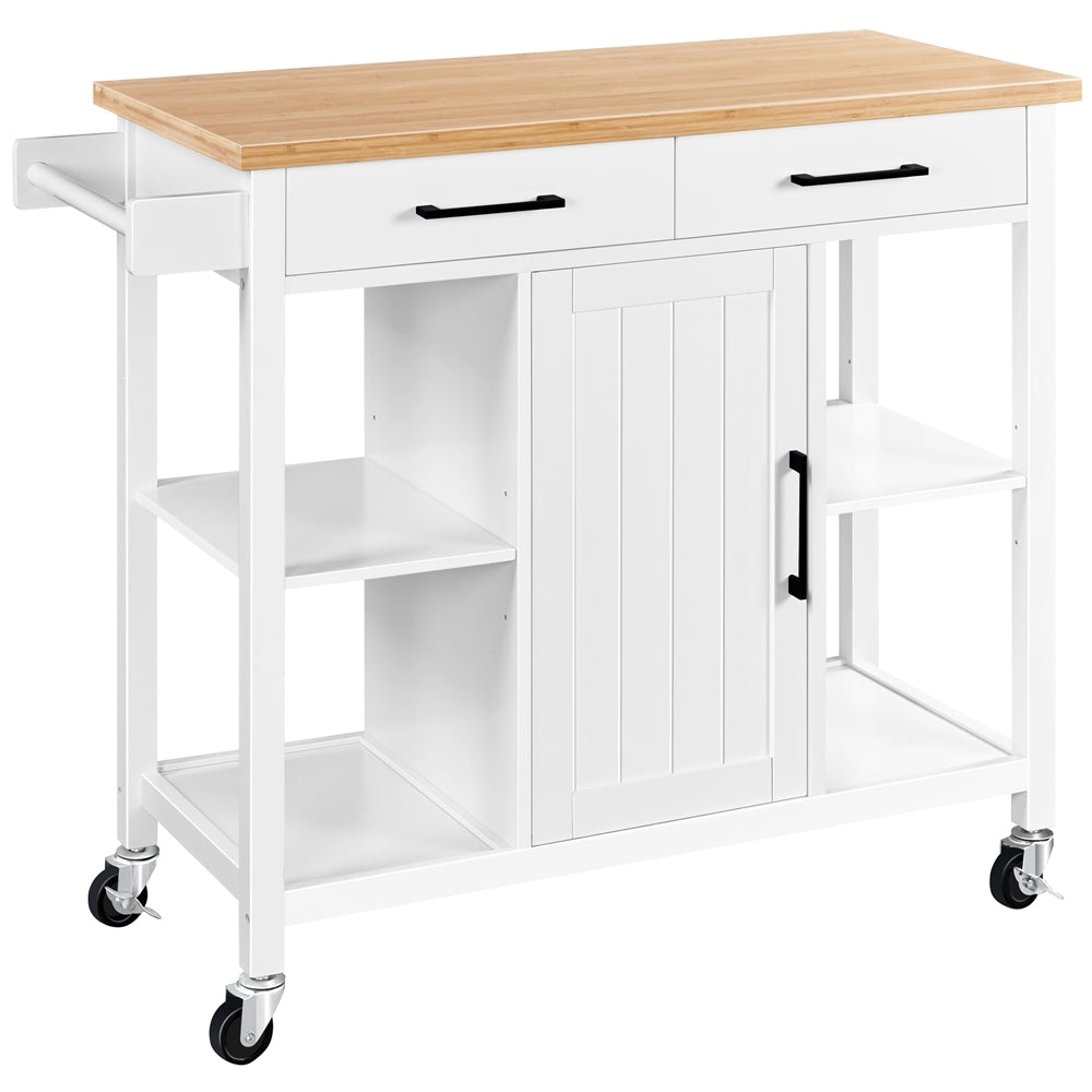 SmileMart Rolling Kitchen Storage Trolley Cart with Cabinet, Drawers and Towel Bar, White