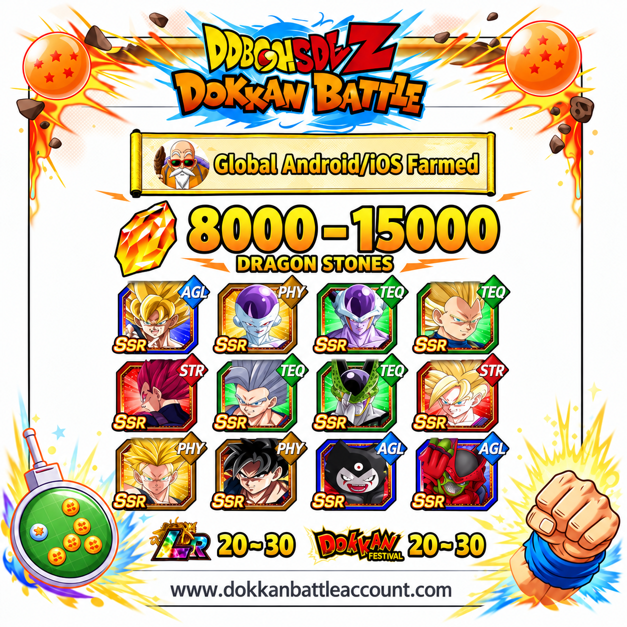 [Global] Dokkan Battle Farmed Account 14000+ DS with Third Eye Gomah and Super Saiyan God Vegeta (Ultra Supervillain) Beast Gohan and Cell Max For Android and IOS