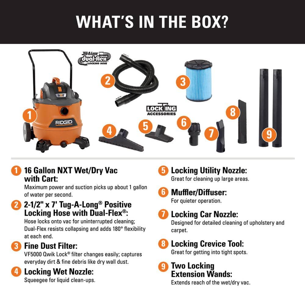 Ridgid 16 Gallon 6.5 Peak HP NXT Wet/Dry Shop Vacuum with Cart, Fine Dust Filter, Locking Hose and Accessories HD1800