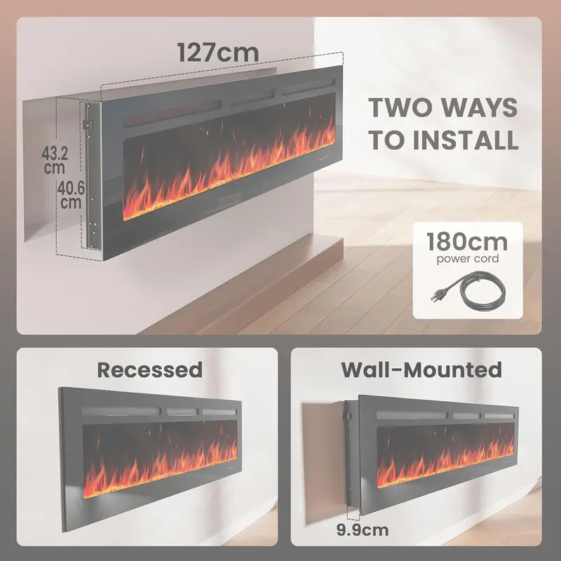 Ultra-Slim 50″ Smart Electric Fireplace – 5300 BTU, Wall-Mount or Built-In Design