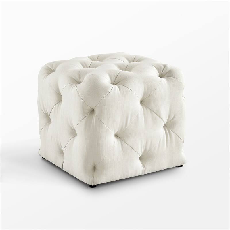 Posh Living Leonard Modern Linen Fabric Square Ottoman in Cream/White