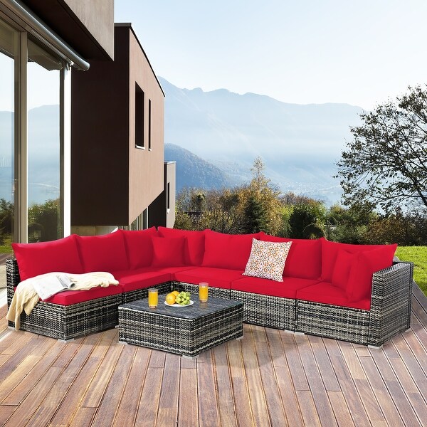 7PCS Patio Rattan Furniture Set Sectional Sofa Garden Cushion