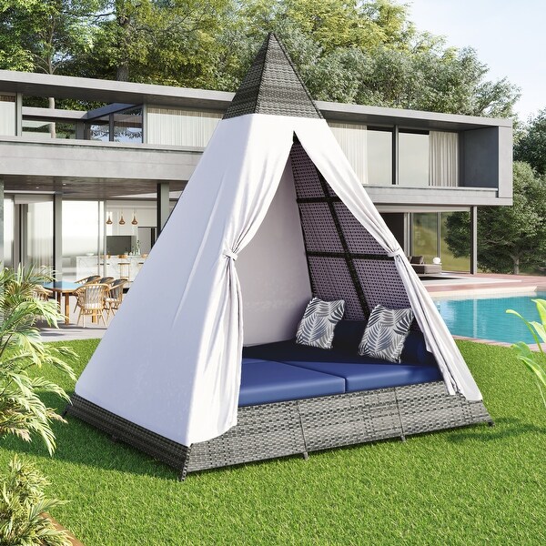Leisure Zone Wicker Patio Daybed with Cushions,Tent Shape