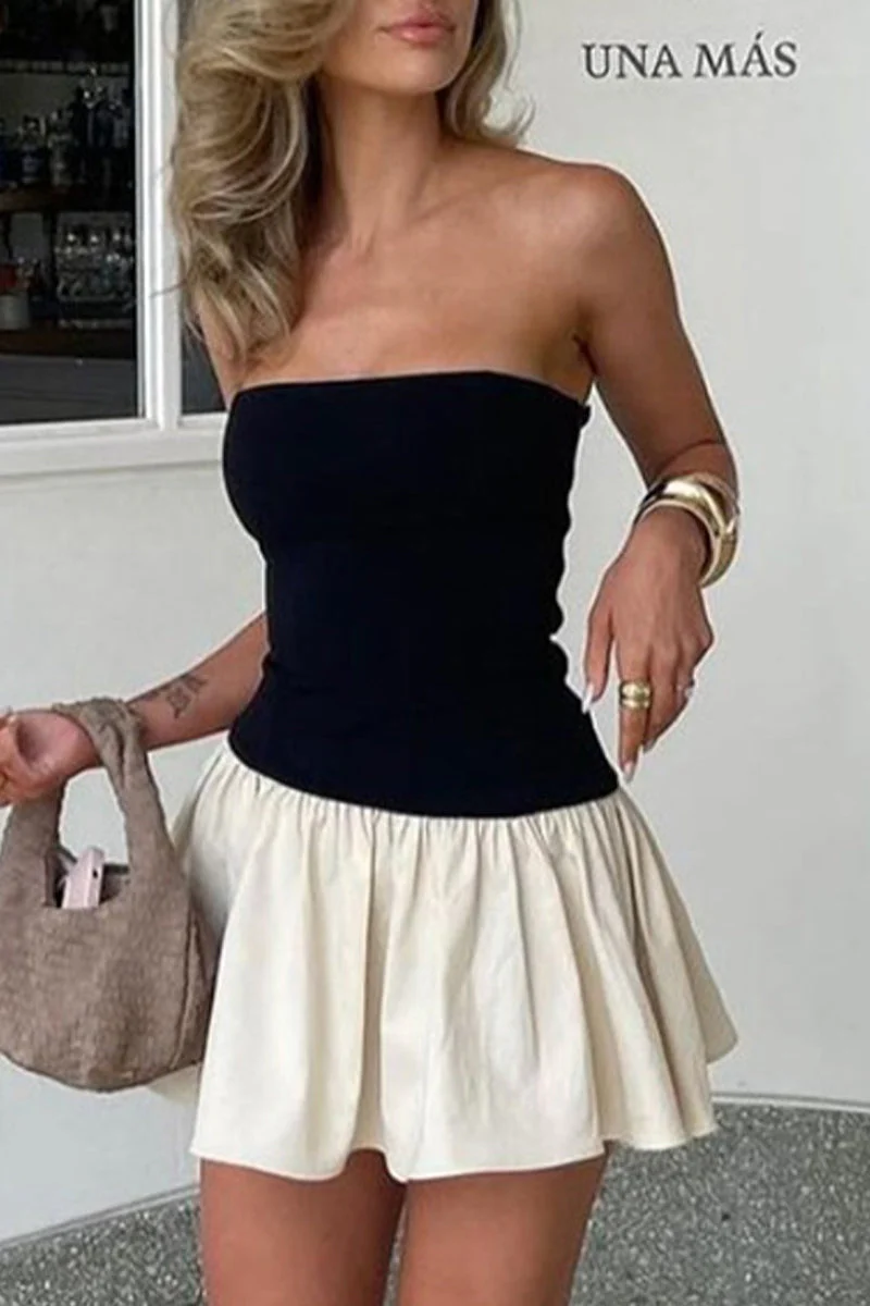 Strapless Contrast Pleated Fit & Flare Mini DressClistos