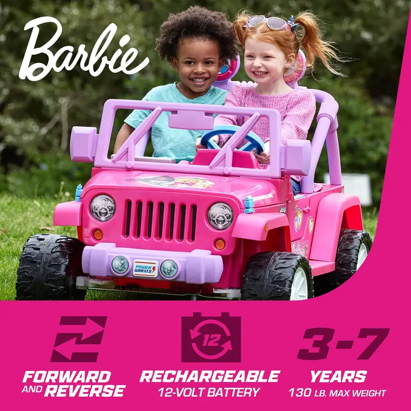 Power Wheels Barbie Jeep Wrangler – 12V Battery-Powered Ride-On, 5 MPH, Authentic Styling