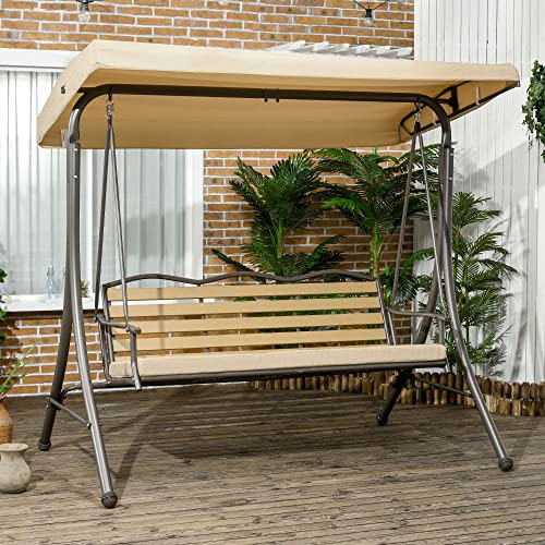 Outsunny 3-Seat Patio Swing Chair with Seat Cushion, Porch Swing Glider with Adjustable Canopy, Weather Resistant Steel Frame, for Porch, Garden, Poolside, Backyard, Beige