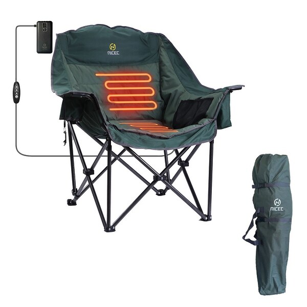 Heated Oversized Camping Chair,XL Padded Outdoor Lounge Chair with Cupholder,Cooler and Carry Bag