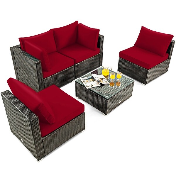Costway 5PCS Patio Rattan Furniture Set Cushioned Sofa and Chair Coffee
