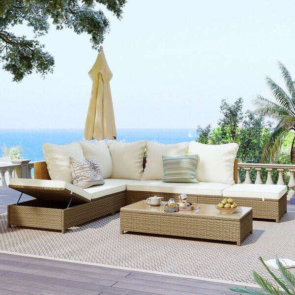 Patio 3Piece Rattan Sofa Set PE Wicker Sectional Set with Adjustable Chaise Lounge Frame and Tempered Glass Table