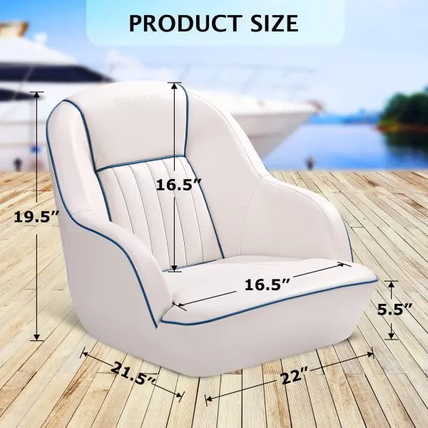 White & Blue Captains Bucket Pontoon Boat Seat – Fold-Back Backrest, Marine-Grade Cabin Seating