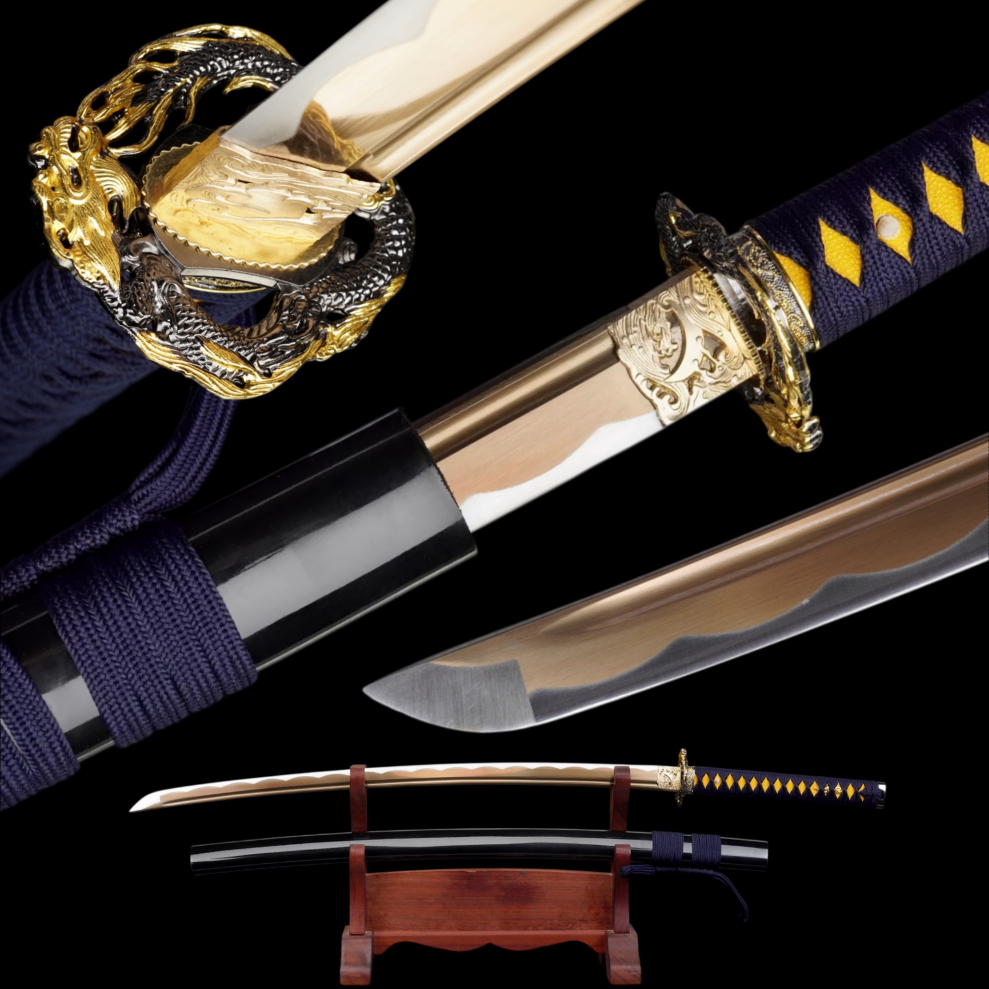 Handmade Japanese Katana High Carbon Gold Blade Dragon Tsuba Full Tang