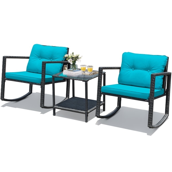 Gymax 3PCS Rattan Rocking Chair Table Set Patio Furniture Set w/ Blue