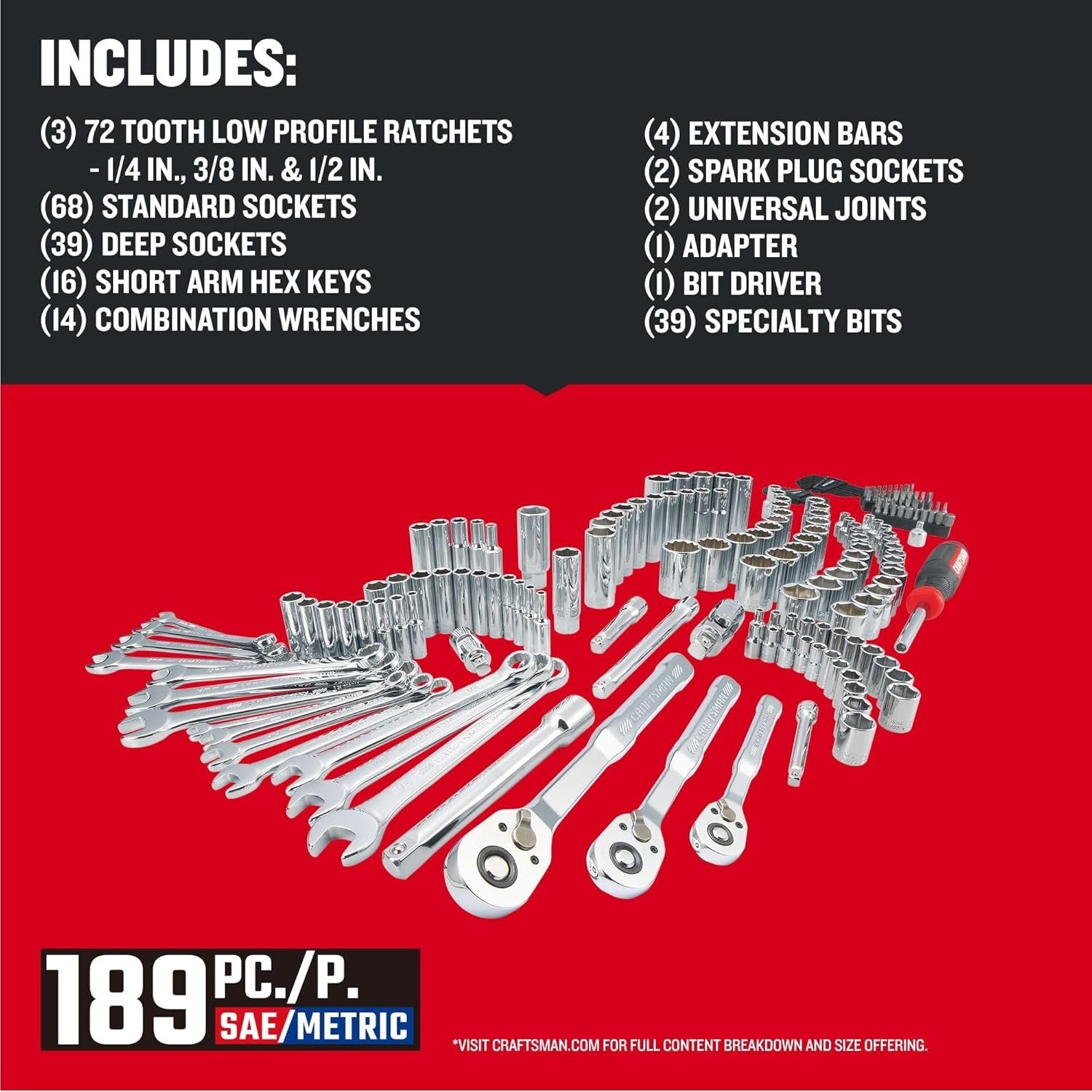 189 Piece Mechanics Tool Set, 1/4 ,3/8and 1/2 Inch Drive Socket Wrench Set with Thinner Ratchet, Steel 6 and 12point Sockets, Wrenches, Hex Keys and Specialty Bits