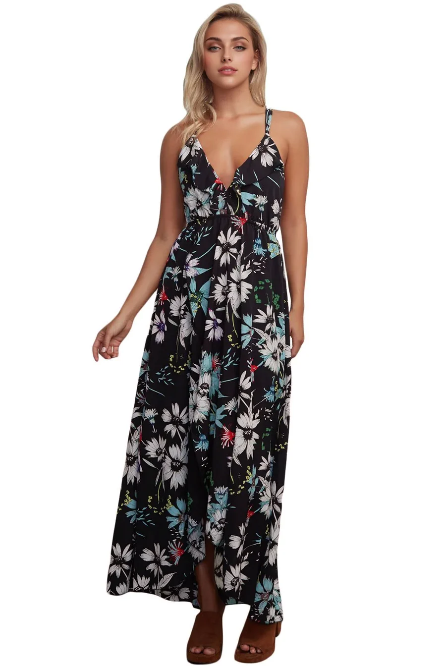 Floral Maxi Dress with Plunging Neckline & Criss-Cross BackClistos