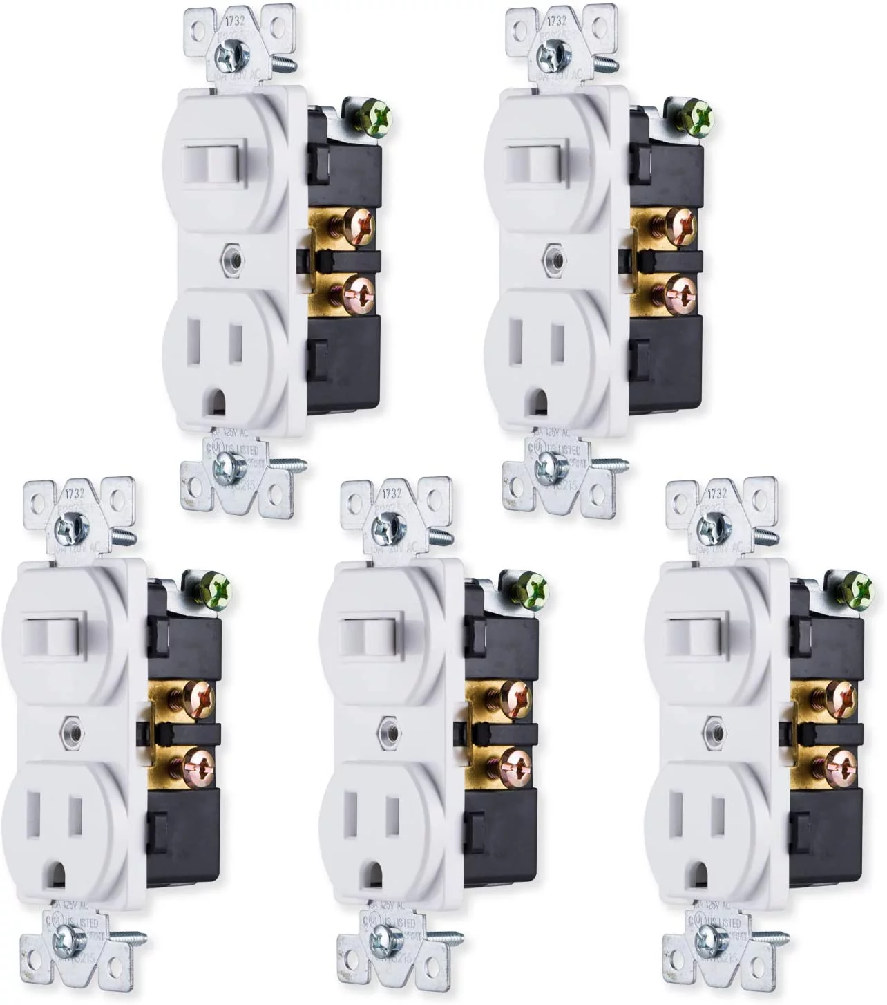 GE Switch & Outlet 5 Pack Light Switch Outlet, Two-in-One Receptacle, 1 on/off Toggle Power, 1 Grounded AC Wall Plug, White, 44038