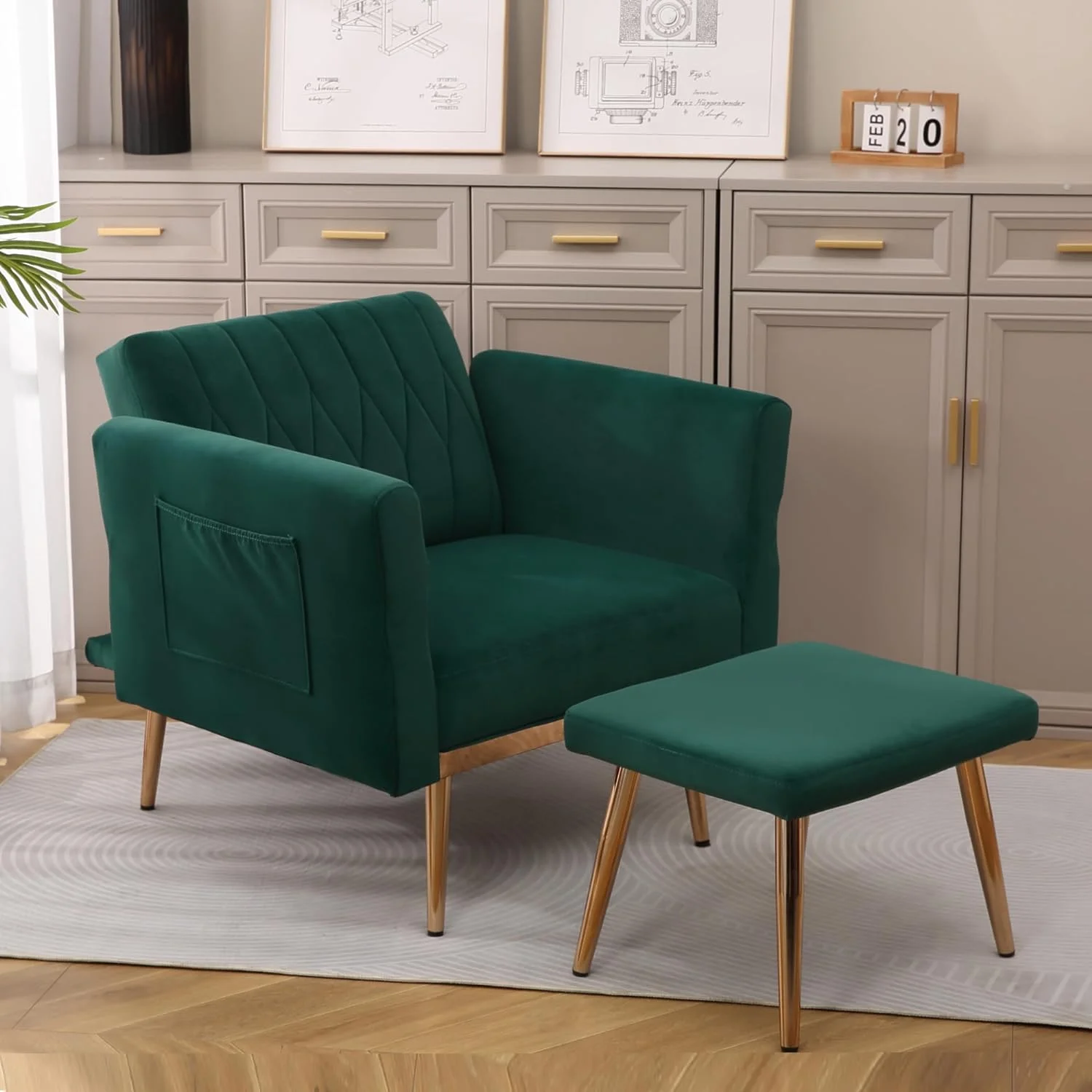 Velvet 2 in 1 Accent Chair with Ottoman,Modern Tufted Single Sofa Armchair with Adjustable Backrest,Armrests,Convertible Sleeper Recliner Lounge Chair for Living Room Bedroom Office (Dark Green-New)