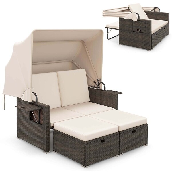 Patio Rattan Daybed w/Retractable Canopy Cushioned Double Bed Lounger