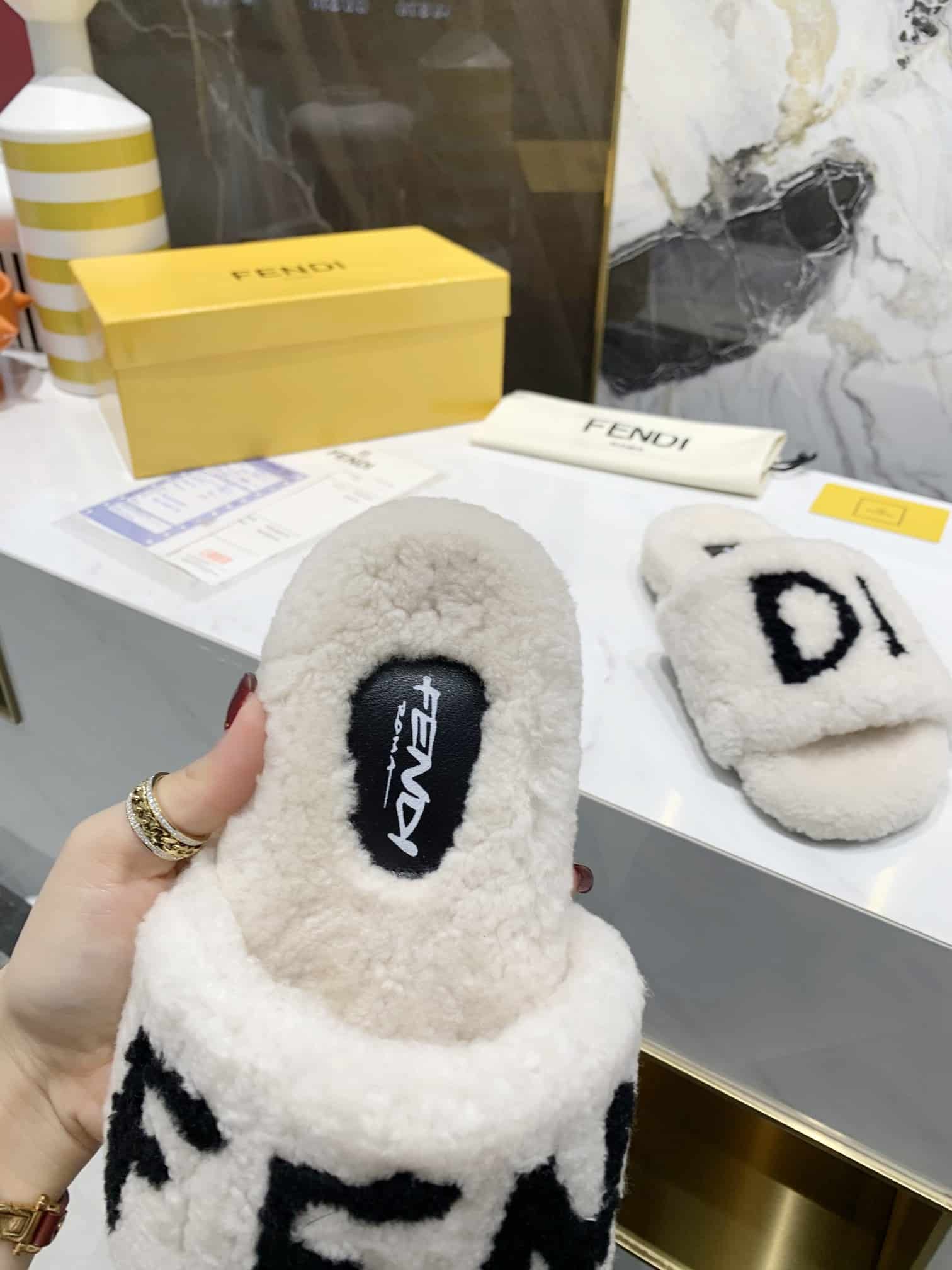 Fendi Shearling Slides White