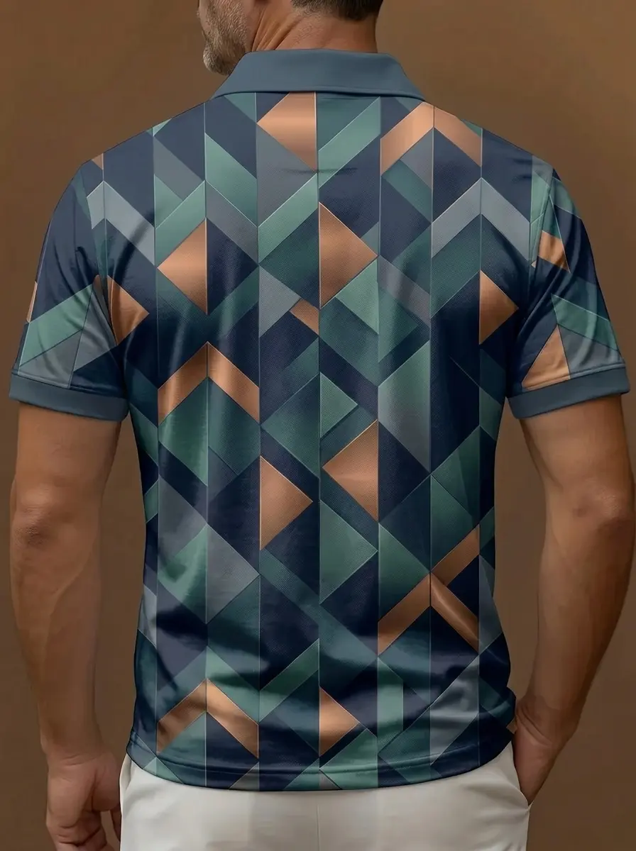 Teal Blue Copper Triangle Geometric Print Short Sleeve Golf Polo Shirt