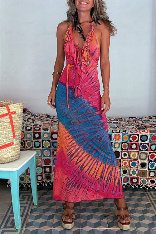 Ruffle Halter Backless Tie Dye Maxi DressClistos