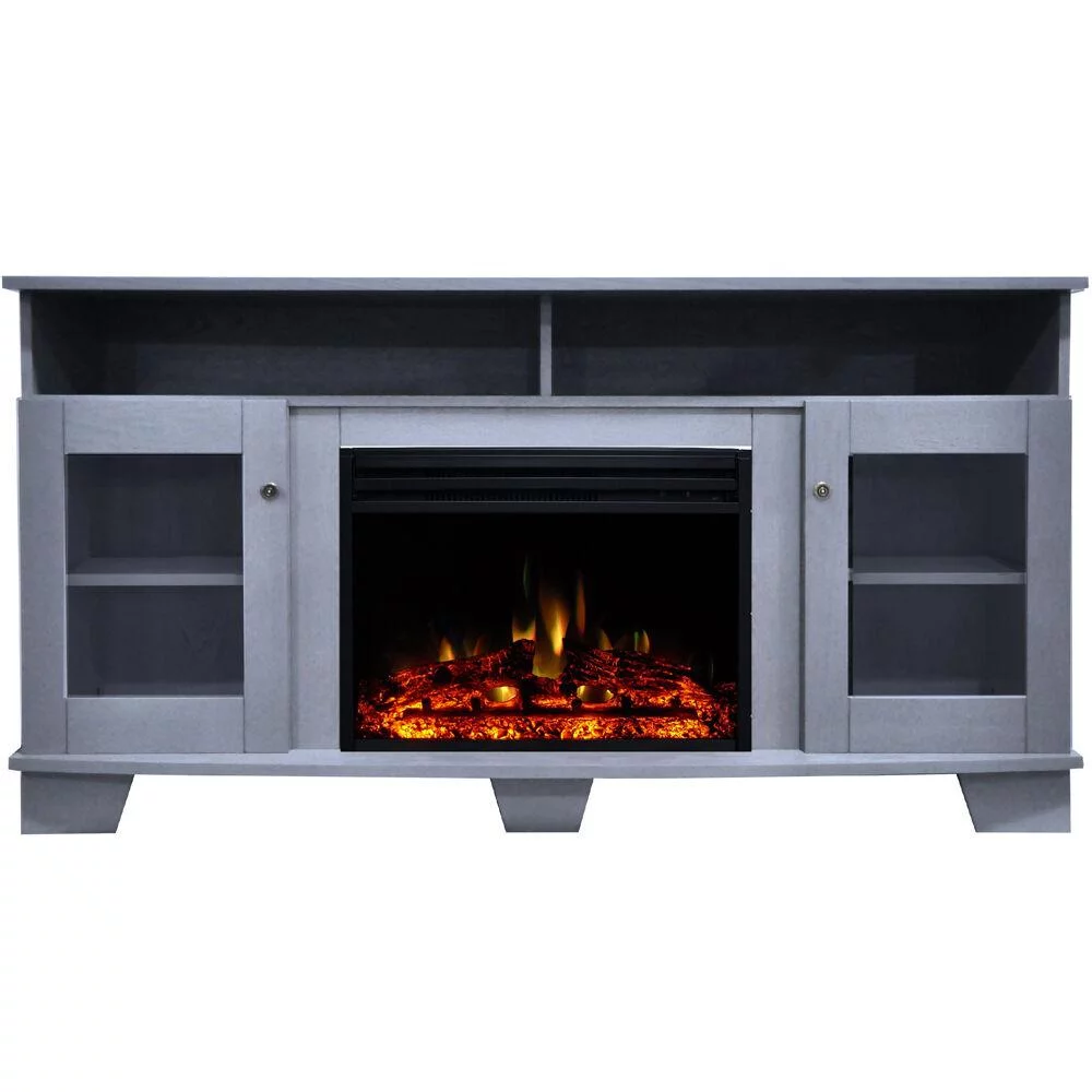Cambridge Savona 59'' Electric Fireplace with Enhanced Log Insert | Multi-Color Flame | For Rooms up to 210 Sq.Ft | TV Stand | Remote | Slate Blue Mantel | Adjustable Heat Settings