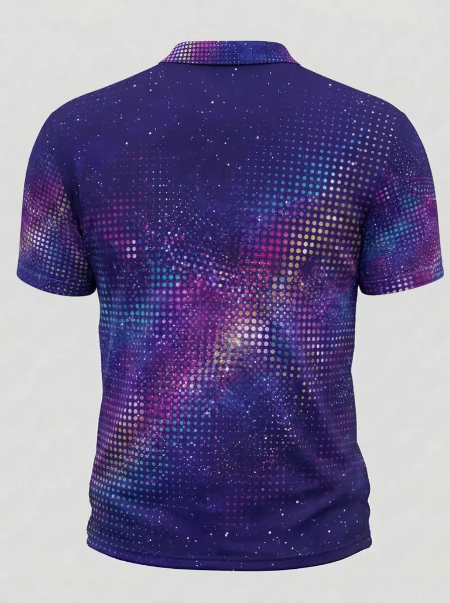 Moisture Wicking Golf Polo 3D Purple Galaxy Gradient Dot Pattern Button Short Sleeve Golf Polo Shirt