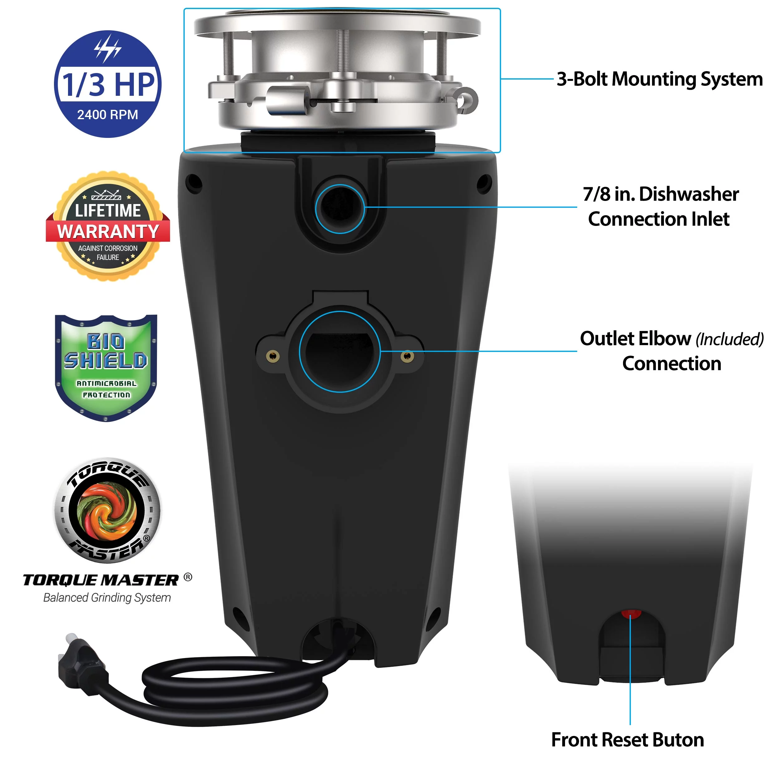 Eco Logic 1/2 HP Garbage Disposal with Attached Power Cord 10-US-EL-5-3B