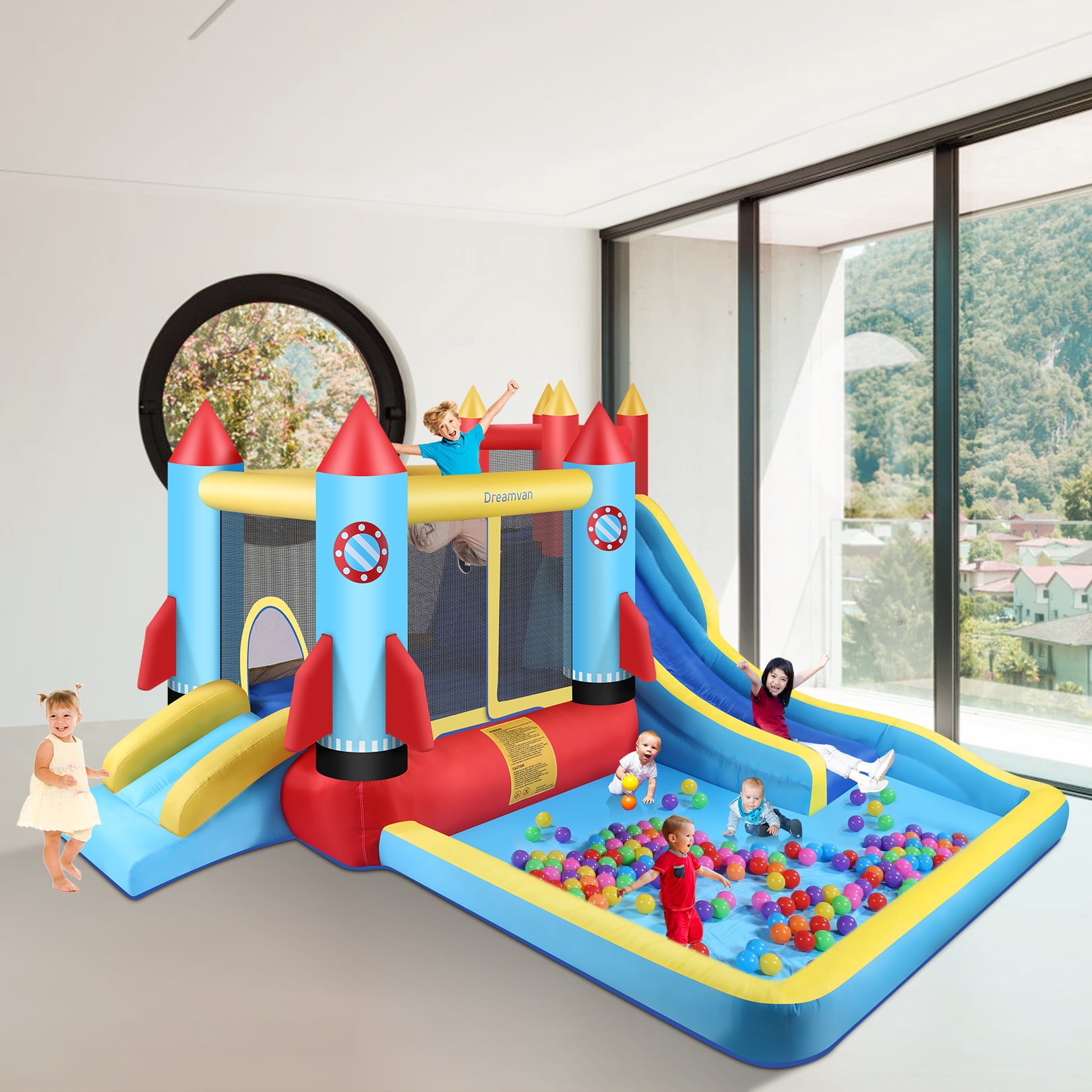 Inflatable Bounce House with Blower Children Bouncer with Large Bounce Area, 2 Slides, Climbing Wall, Play Pool, Water Slide, Park/Castle Theme