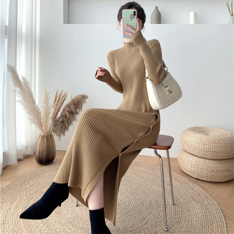 Ribbed Knit Mock Neck Long Sleeve Bodycon DressClistos