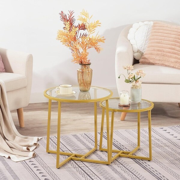 Coffee Table Set of 2,Gold End Table with Glass Top,Round Table