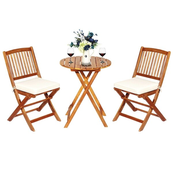 Costway 3PCS Patio Folding Wooden Bistro Set Cushioned Chair